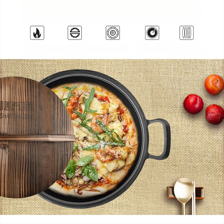 Tava od lijevanog željeza s dvostrukim ručkama, ravno dno, bez premaza, drveni poklopac, višestruka upotreba za jaja i teppanyaki