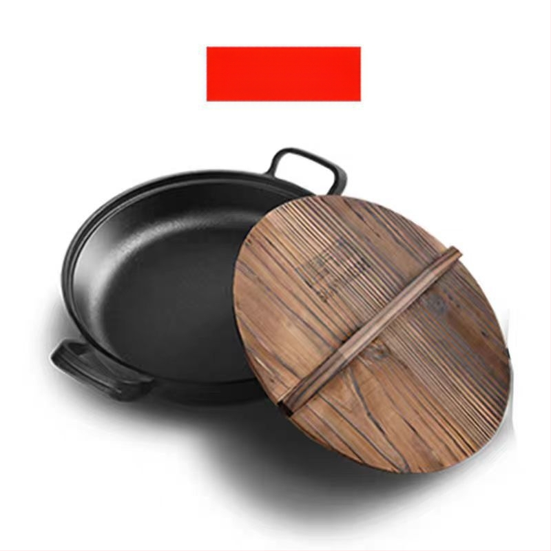 Tava od lijevanog željeza s dvostrukim ručkama, ravno dno, bez premaza, drveni poklopac, višestruka upotreba za jaja i teppanyaki