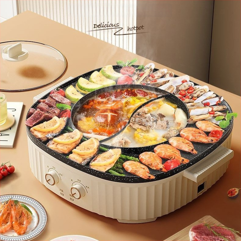 Kombinirani električni lonac i grill za Shabu-Shabu, neprijanjajuća unutarnja posuda, 1200W, aluminijska legura, regulacija temperature, 3–4 porcije