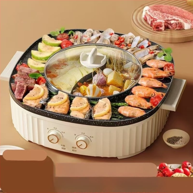 Kombinirani električni lonac i grill za Shabu-Shabu, neprijanjajuća unutarnja posuda, 1200W, aluminijska legura, regulacija temperature, 3–4 porcije