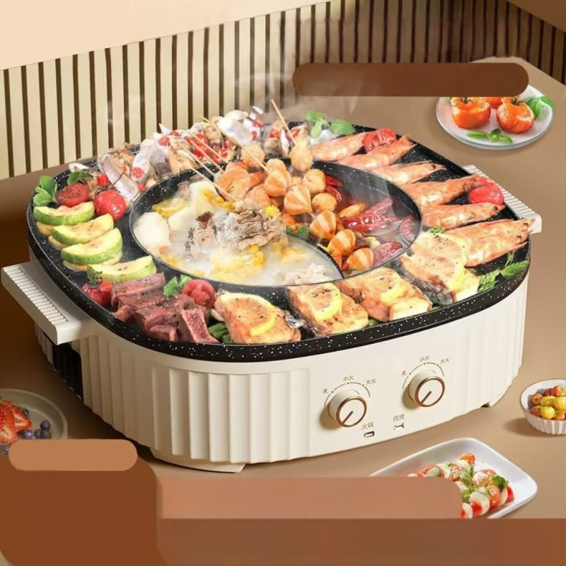 Kombinirani električni lonac i grill za Shabu-Shabu, neprijanjajuća unutarnja posuda, 1200W, aluminijska legura, regulacija temperature, 3–4 porcije