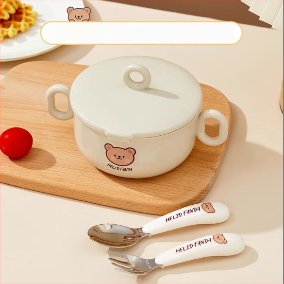 Dječji set posuđa od nehrđajućeg čelika – zdjela s dvostrukim držajem, otporna na pad, protiv opeklina, kvaliteta hrane, crtani stil, za djecu od 12 mjeseci i više
