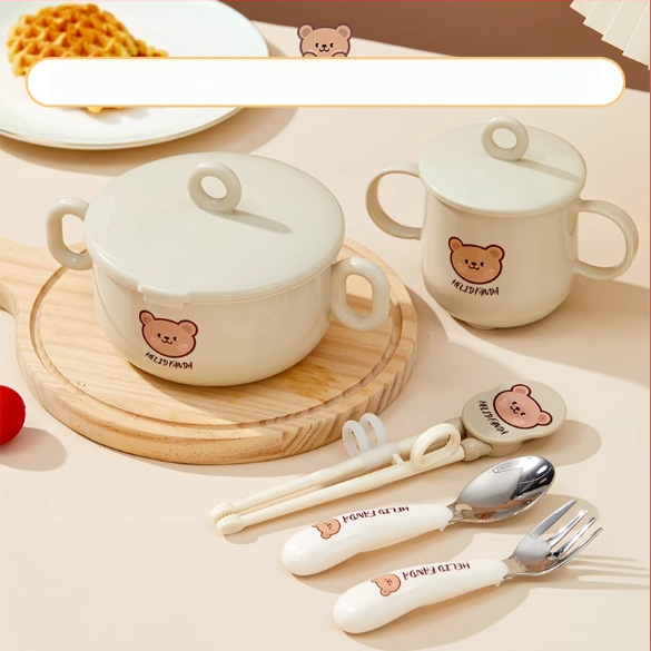 Dječji set posuđa od nehrđajućeg čelika – zdjela s dvostrukim držajem, otporna na pad, protiv opeklina, kvaliteta hrane, crtani stil, za djecu od 12 mjeseci i više