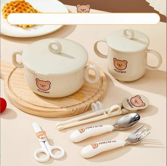 Dječji set posuđa od nehrđajućeg čelika – zdjela s dvostrukim držajem, otporna na pad, protiv opeklina, kvaliteta hrane, crtani stil, za djecu od 12 mjeseci i više