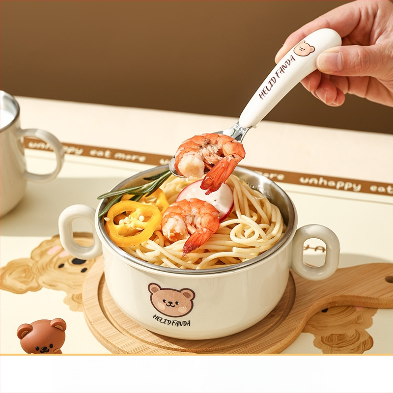 Dječji set posuđa od nehrđajućeg čelika – zdjela s dvostrukim držajem, otporna na pad, protiv opeklina, kvaliteta hrane, crtani stil, za djecu od 12 mjeseci i više