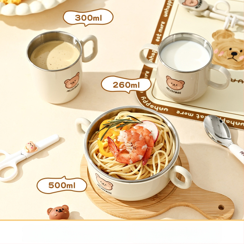 Dječji set posuđa od nehrđajućeg čelika – zdjela s dvostrukim držajem, otporna na pad, protiv opeklina, kvaliteta hrane, crtani stil, za djecu od 12 mjeseci i više