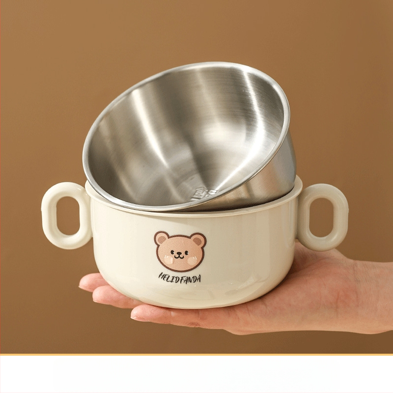 Dječji set posuđa od nehrđajućeg čelika – zdjela s dvostrukim držajem, otporna na pad, protiv opeklina, kvaliteta hrane, crtani stil, za djecu od 12 mjeseci i više