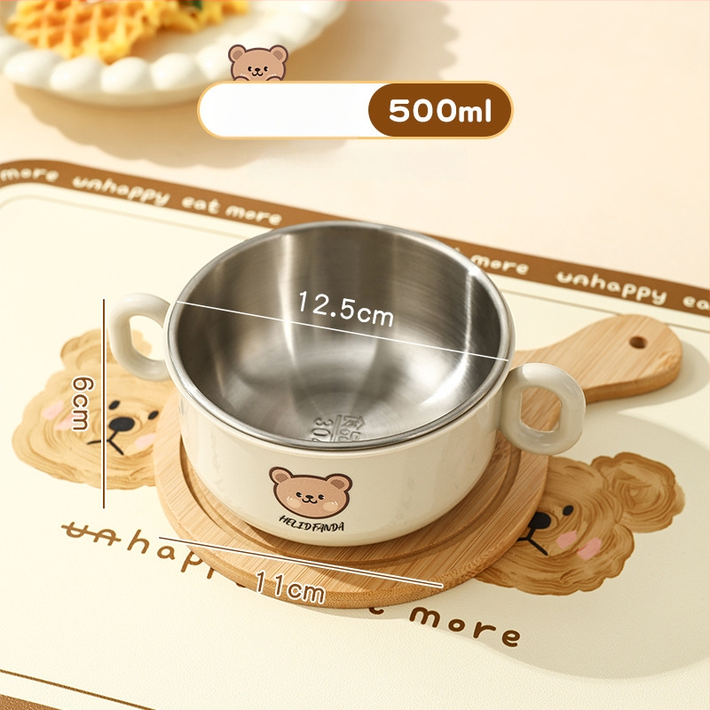 Dječji set posuđa od nehrđajućeg čelika – zdjela s dvostrukim držajem, otporna na pad, protiv opeklina, kvaliteta hrane, crtani stil, za djecu od 12 mjeseci i više