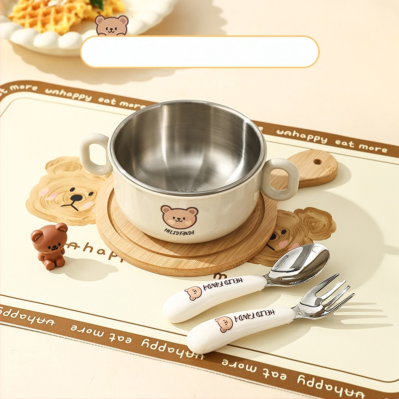 Dječji set posuđa od nehrđajućeg čelika – zdjela s dvostrukim držajem, otporna na pad, protiv opeklina, kvaliteta hrane, crtani stil, za djecu od 12 mjeseci i više
