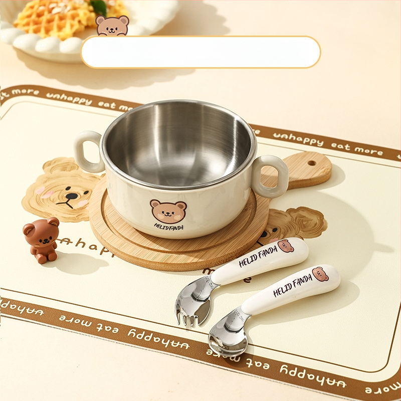 Dječji set posuđa od nehrđajućeg čelika – zdjela s dvostrukim držajem, otporna na pad, protiv opeklina, kvaliteta hrane, crtani stil, za djecu od 12 mjeseci i više