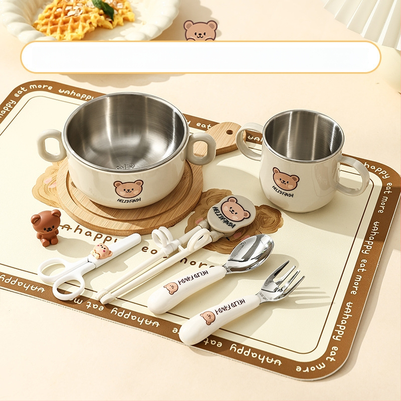 Dječji set posuđa od nehrđajućeg čelika – zdjela s dvostrukim držajem, otporna na pad, protiv opeklina, kvaliteta hrane, crtani stil, za djecu od 12 mjeseci i više