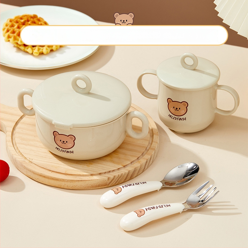 Dječji set posuđa od nehrđajućeg čelika – zdjela s dvostrukim držajem, otporna na pad, protiv opeklina, kvaliteta hrane, crtani stil, za djecu od 12 mjeseci i više