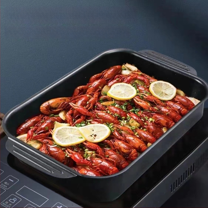 Hal grillező tálca vasból, négyszögletes alakú, többfunkciós, tapadásmentes