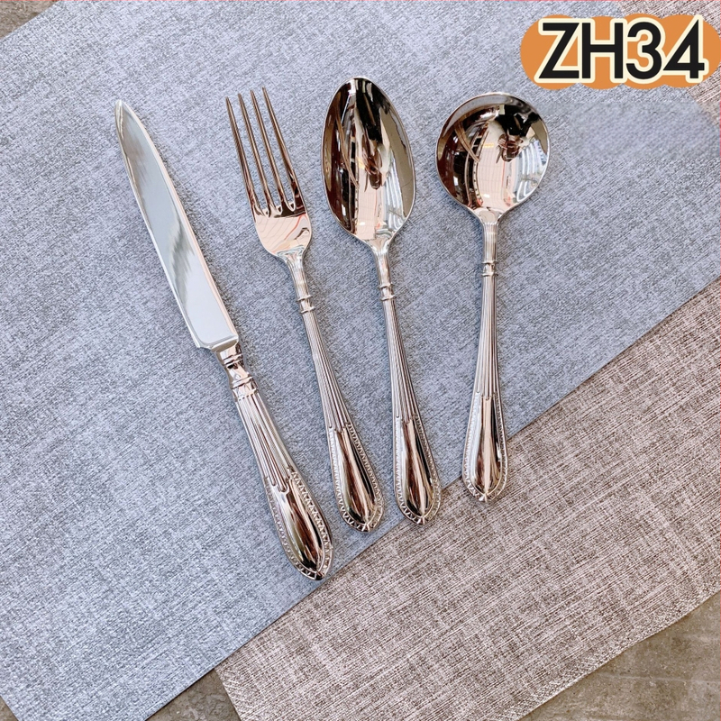 304 rozsdamentes acél nyugati evőeszköz készlet — kovácsolt steak kés, villa és kanál, vonalas mintázat, tükrös felület