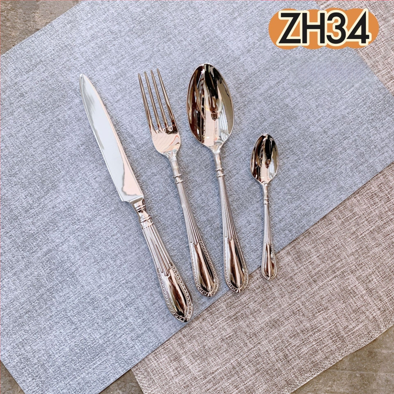 304 rozsdamentes acél nyugati evőeszköz készlet — kovácsolt steak kés, villa és kanál, vonalas mintázat, tükrös felület