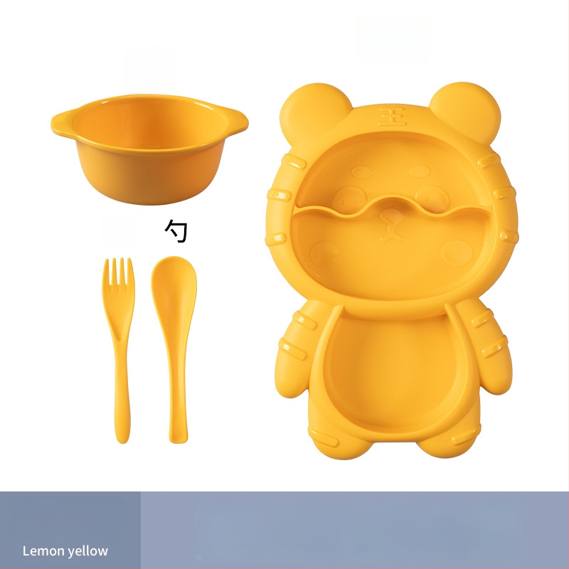 Apricot Rhyme rajzfilm-stílusú műanyag gyerek étkészlet, négy darabos készlet: tányér, tál, kanál és villa