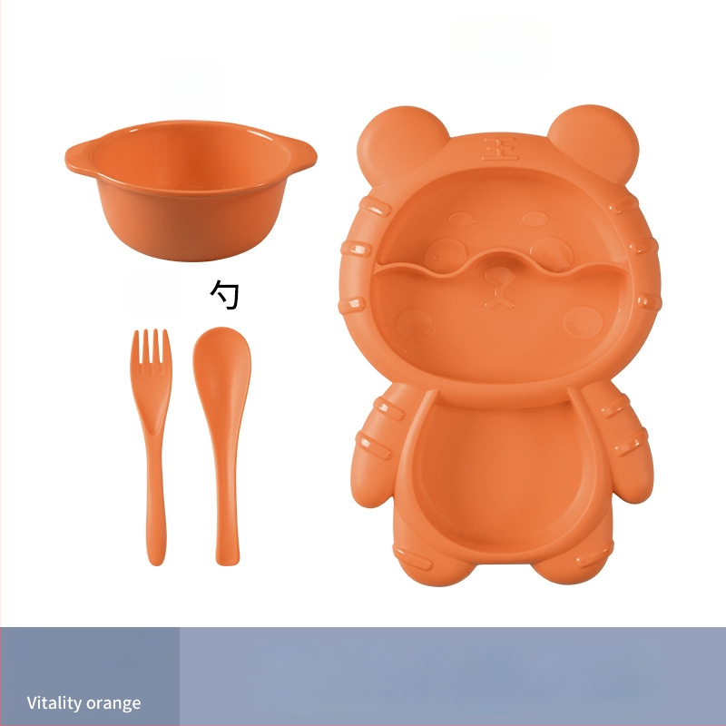 Apricot Rhyme rajzfilm-stílusú műanyag gyerek étkészlet, négy darabos készlet: tányér, tál, kanál és villa