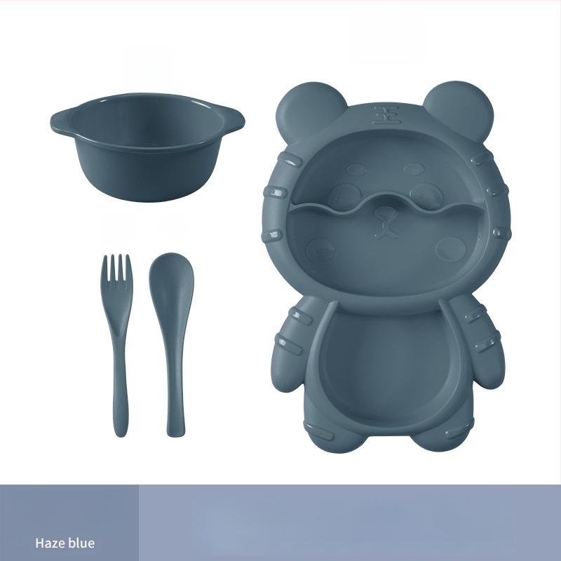 Apricot Rhyme rajzfilm-stílusú műanyag gyerek étkészlet, négy darabos készlet: tányér, tál, kanál és villa