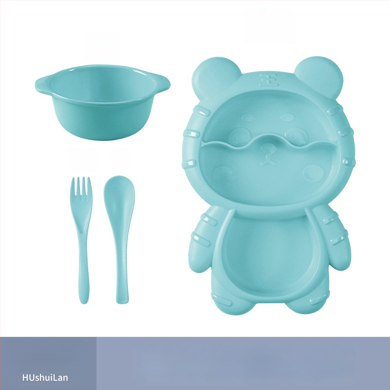 Apricot Rhyme rajzfilm-stílusú műanyag gyerek étkészlet, négy darabos készlet: tányér, tál, kanál és villa