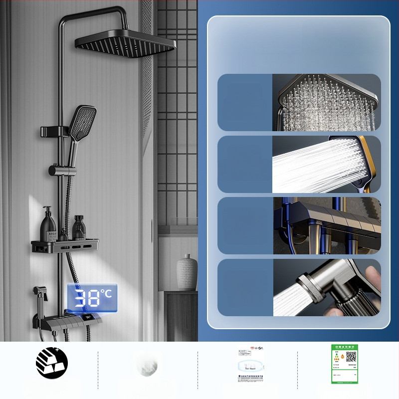 Σετ ντους με κρυφό εγκατάσταση, ψηφιακή οθόνη θερμοκρασίας, έλεγχος θερμοκρασίας, κυκλική κεφαλή ντους, θερμοκρασία λειτουργίας 0-55°C