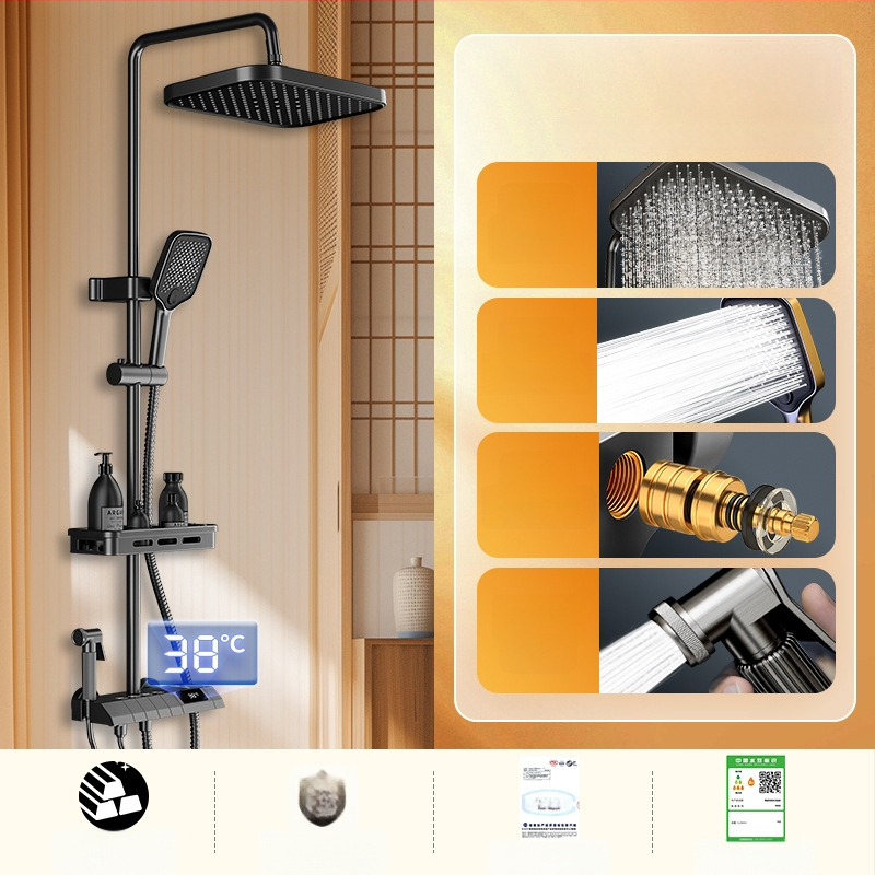 Σετ ντους με κρυφό εγκατάσταση, ψηφιακή οθόνη θερμοκρασίας, έλεγχος θερμοκρασίας, κυκλική κεφαλή ντους, θερμοκρασία λειτουργίας 0-55°C