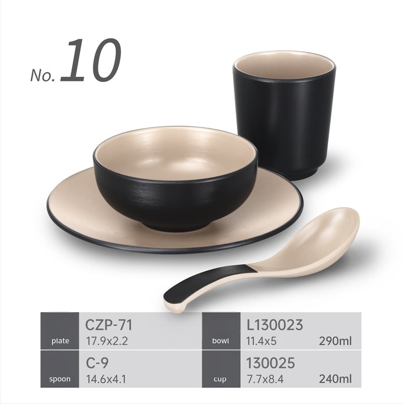 Četverodijelni plastični set posuđa s melaminskom imitacijom porculana za hotpot restorane — zdjele, žlice, tanjuri i šalice, izdržljiv za komercijalnu upotrebu