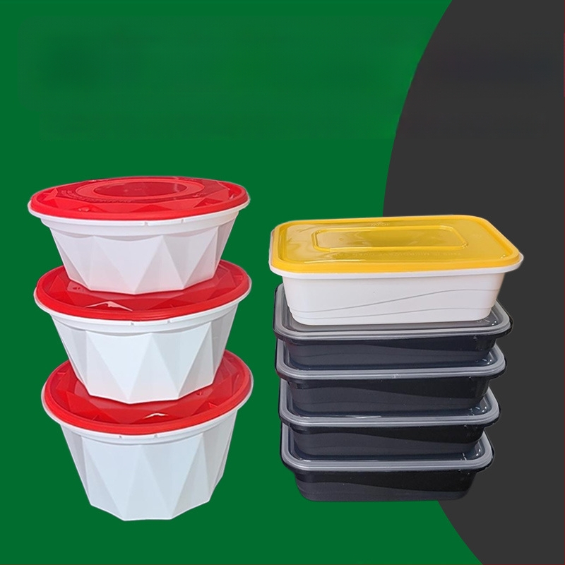 Jednokratna okrugla kutija za hranu za dostavu — debeli zidovi, plastika, s anti‑krađom sigurnosnim mehanizmom zaključavanja, nije prikladna za mikrovalnu