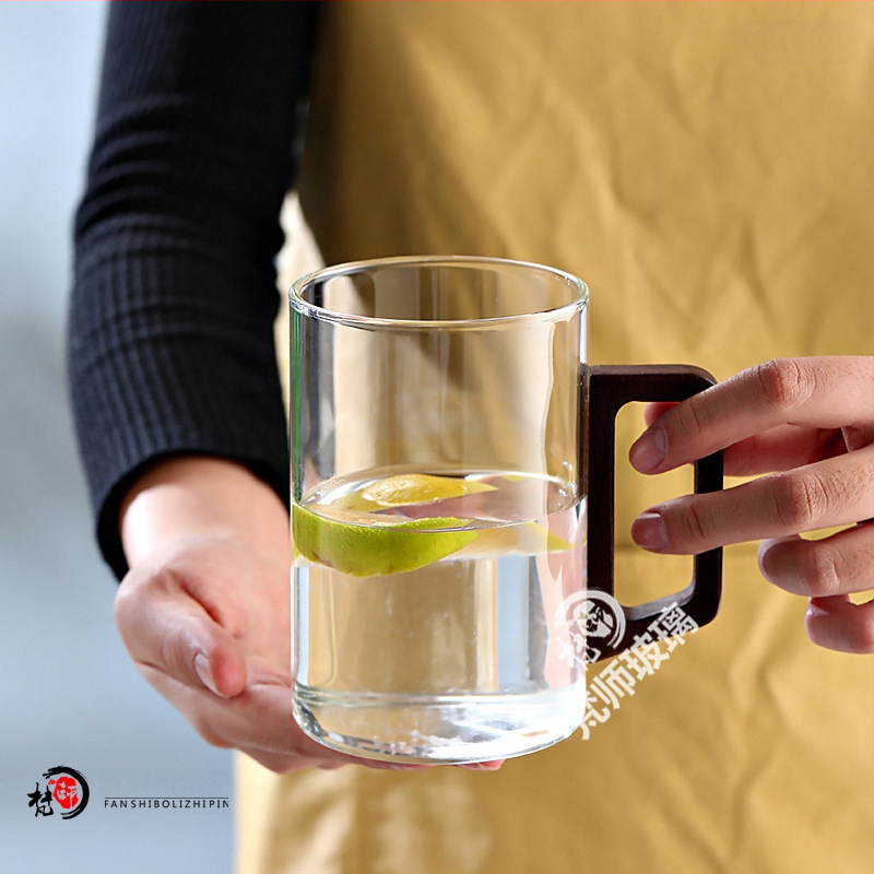 Fanshi – Set čaša za vodu, prozirne, staklo visoke borosilikatne otporu na toplinu, minimalistički stil, četvrtasta drvena drška