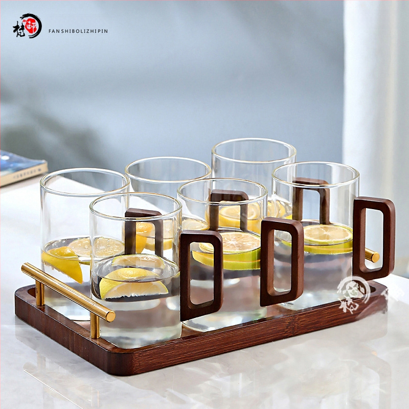 Fanshi – Set čaša za vodu, prozirne, staklo visoke borosilikatne otporu na toplinu, minimalistički stil, četvrtasta drvena drška