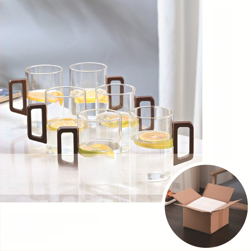 Fanshi – Set čaša za vodu, prozirne, staklo visoke borosilikatne otporu na toplinu, minimalistički stil, četvrtasta drvena drška