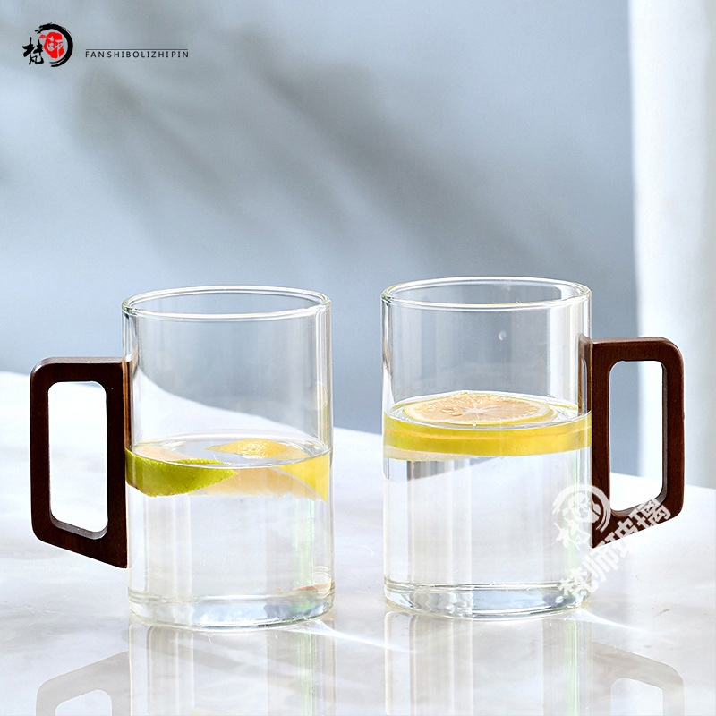 Fanshi – Set čaša za vodu, prozirne, staklo visoke borosilikatne otporu na toplinu, minimalistički stil, četvrtasta drvena drška