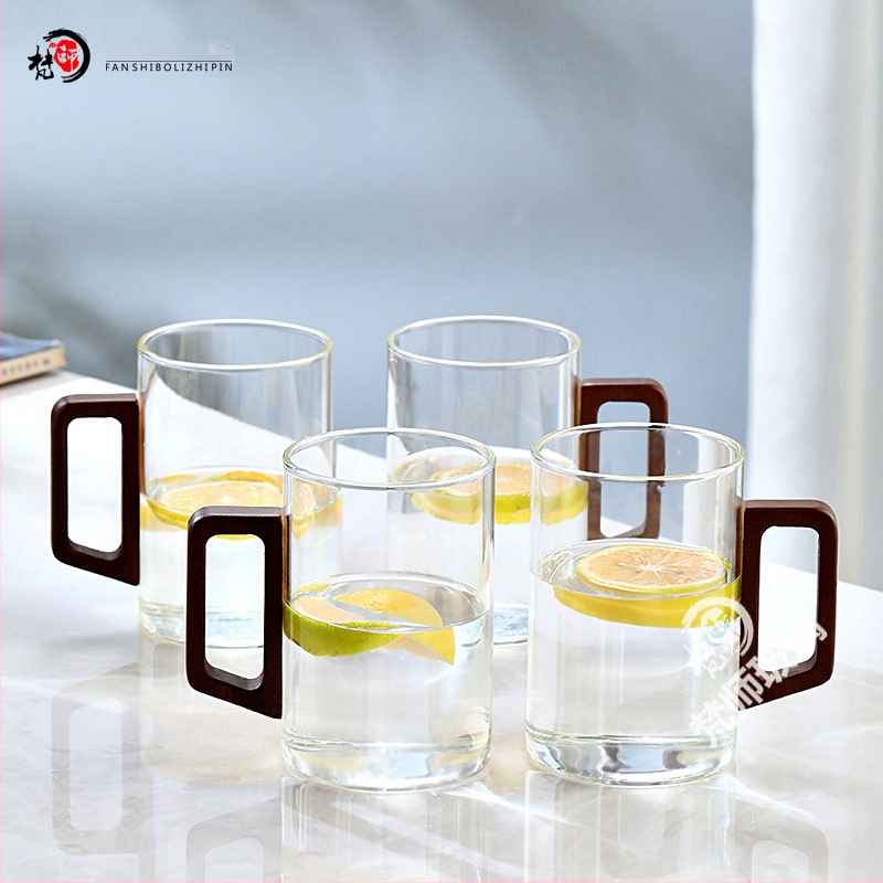 Fanshi – Set čaša za vodu, prozirne, staklo visoke borosilikatne otporu na toplinu, minimalistički stil, četvrtasta drvena drška