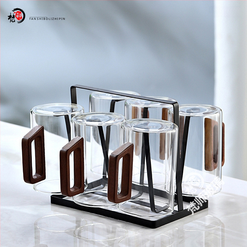 Fanshi – Set čaša za vodu, prozirne, staklo visoke borosilikatne otporu na toplinu, minimalistički stil, četvrtasta drvena drška