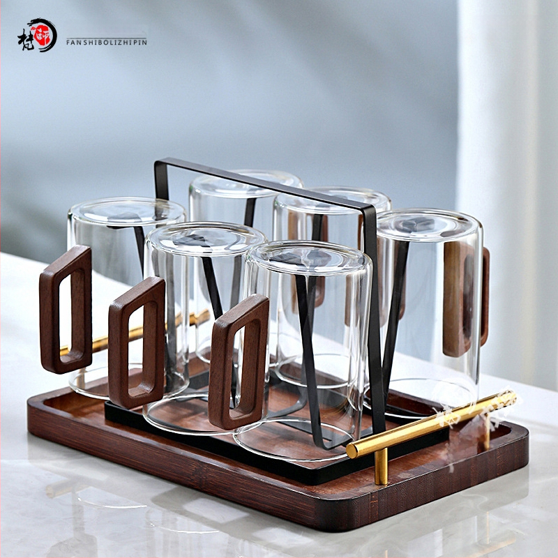 Fanshi – Set čaša za vodu, prozirne, staklo visoke borosilikatne otporu na toplinu, minimalistički stil, četvrtasta drvena drška