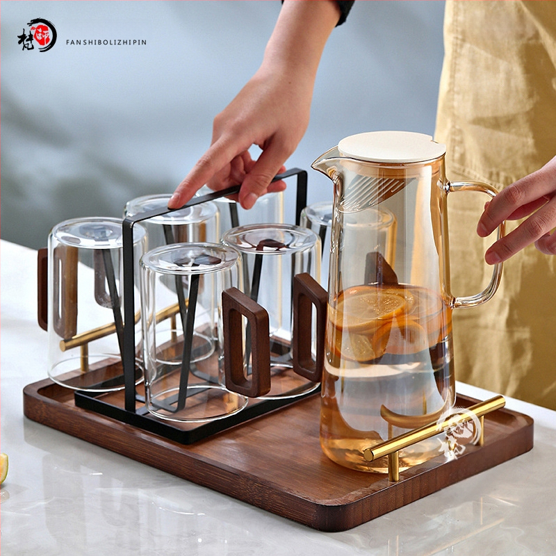 Fanshi – Set čaša za vodu, prozirne, staklo visoke borosilikatne otporu na toplinu, minimalistički stil, četvrtasta drvena drška