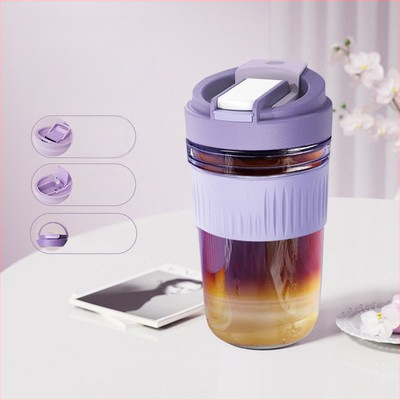 Staklena čaša za vodu s slamkom, prijenosna cilindrična jednostruka čaša, s užetom za nošenje, nepropusna