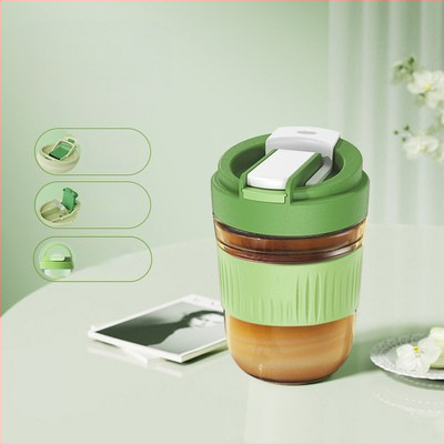 Staklena čaša za vodu s slamkom, prijenosna cilindrična jednostruka čaša, s užetom za nošenje, nepropusna