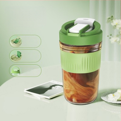 Staklena čaša za vodu s slamkom, prijenosna cilindrična jednostruka čaša, s užetom za nošenje, nepropusna