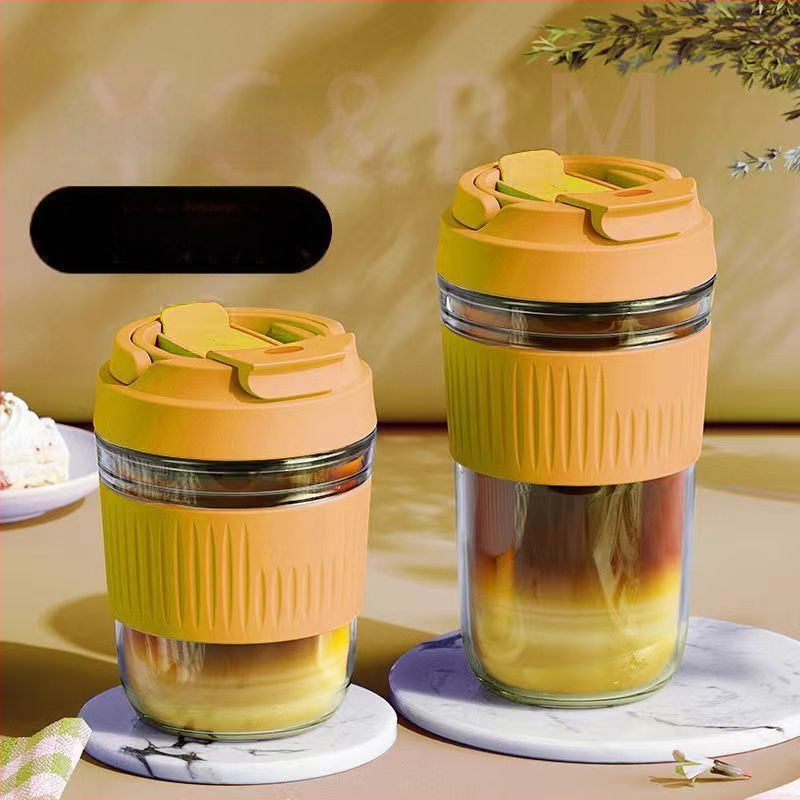 Staklena čaša za vodu s slamkom, prijenosna cilindrična jednostruka čaša, s užetom za nošenje, nepropusna