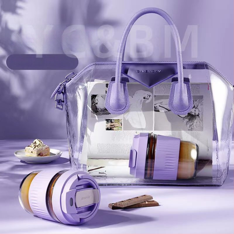 Staklena čaša za vodu s slamkom, prijenosna cilindrična jednostruka čaša, s užetom za nošenje, nepropusna