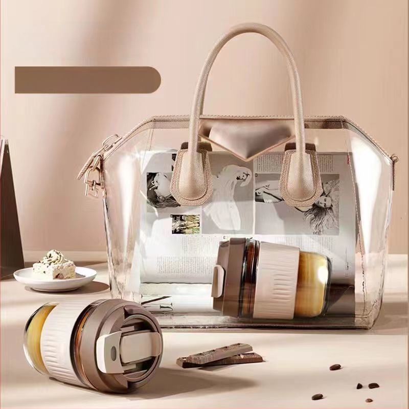 Staklena čaša za vodu s slamkom, prijenosna cilindrična jednostruka čaša, s užetom za nošenje, nepropusna