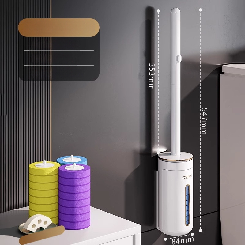 Perie de toaletă de unică folosință montată pe perete, cu cap de schimb, design fără unghiuri moarte, model 2025