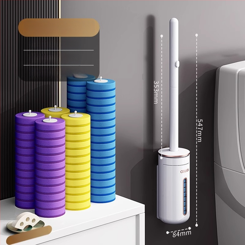 Perie de toaletă de unică folosință montată pe perete, cu cap de schimb, design fără unghiuri moarte, model 2025