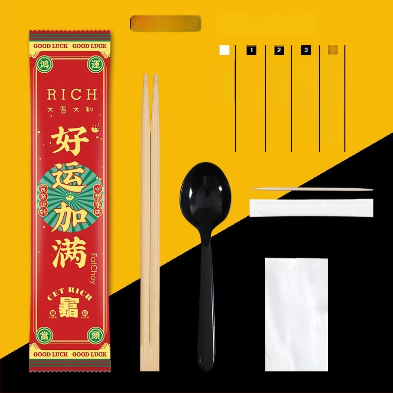 Σετ μίας χρήσης από μπαμπού τετράδας για μαχαιροπίρουνα (chopsticks, κουτάλι, πιρούνι, μαχαίρι) με προσαρμοζόμενο λογότυπο; 1000 τεμάχια σε συσκευασία