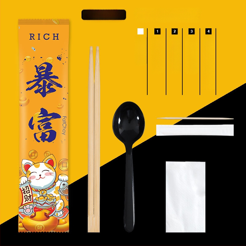 Σετ μίας χρήσης από μπαμπού τετράδας για μαχαιροπίρουνα (chopsticks, κουτάλι, πιρούνι, μαχαίρι) με προσαρμοζόμενο λογότυπο; 1000 τεμάχια σε συσκευασία