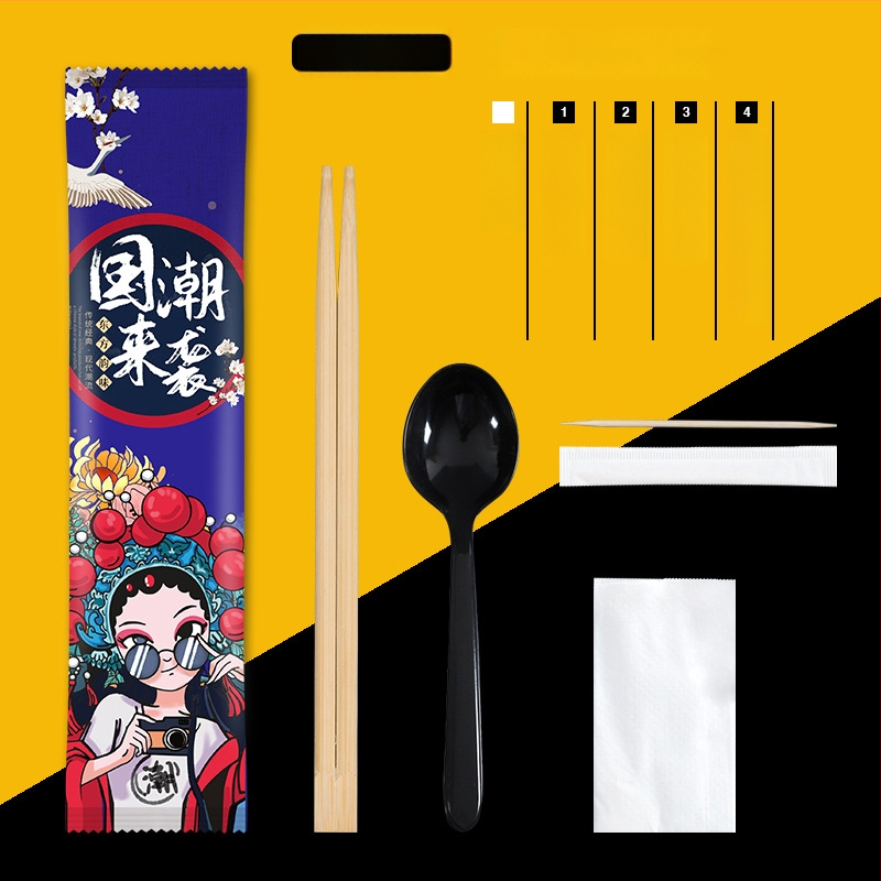 Σετ μίας χρήσης από μπαμπού τετράδας για μαχαιροπίρουνα (chopsticks, κουτάλι, πιρούνι, μαχαίρι) με προσαρμοζόμενο λογότυπο; 1000 τεμάχια σε συσκευασία