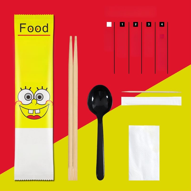 Σετ μίας χρήσης από μπαμπού τετράδας για μαχαιροπίρουνα (chopsticks, κουτάλι, πιρούνι, μαχαίρι) με προσαρμοζόμενο λογότυπο; 1000 τεμάχια σε συσκευασία