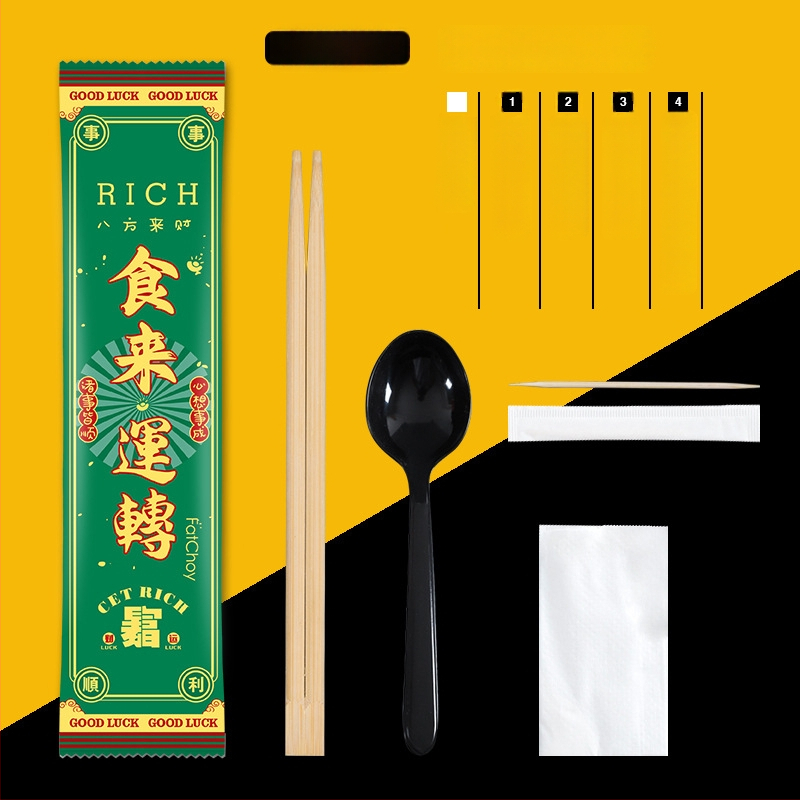 Σετ μίας χρήσης από μπαμπού τετράδας για μαχαιροπίρουνα (chopsticks, κουτάλι, πιρούνι, μαχαίρι) με προσαρμοζόμενο λογότυπο; 1000 τεμάχια σε συσκευασία