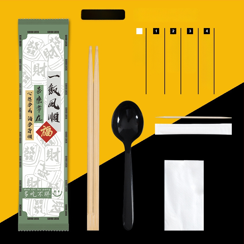Σετ μίας χρήσης από μπαμπού τετράδας για μαχαιροπίρουνα (chopsticks, κουτάλι, πιρούνι, μαχαίρι) με προσαρμοζόμενο λογότυπο; 1000 τεμάχια σε συσκευασία