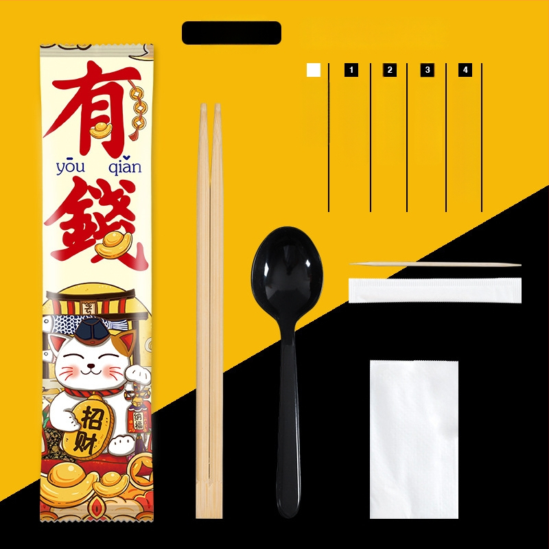 Σετ μίας χρήσης από μπαμπού τετράδας για μαχαιροπίρουνα (chopsticks, κουτάλι, πιρούνι, μαχαίρι) με προσαρμοζόμενο λογότυπο; 1000 τεμάχια σε συσκευασία